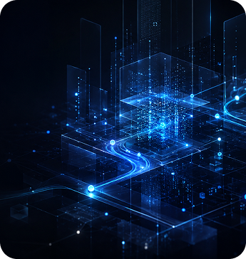 Glowing blue grid of connected data nodes rising into columns of light